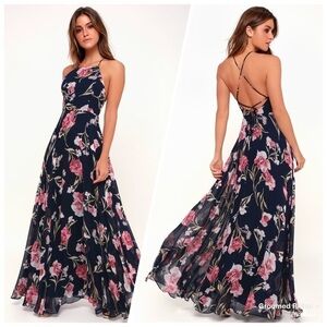 Lulu’s Aubree Navy Blue Floral Lace Up Maxi Dress Size S